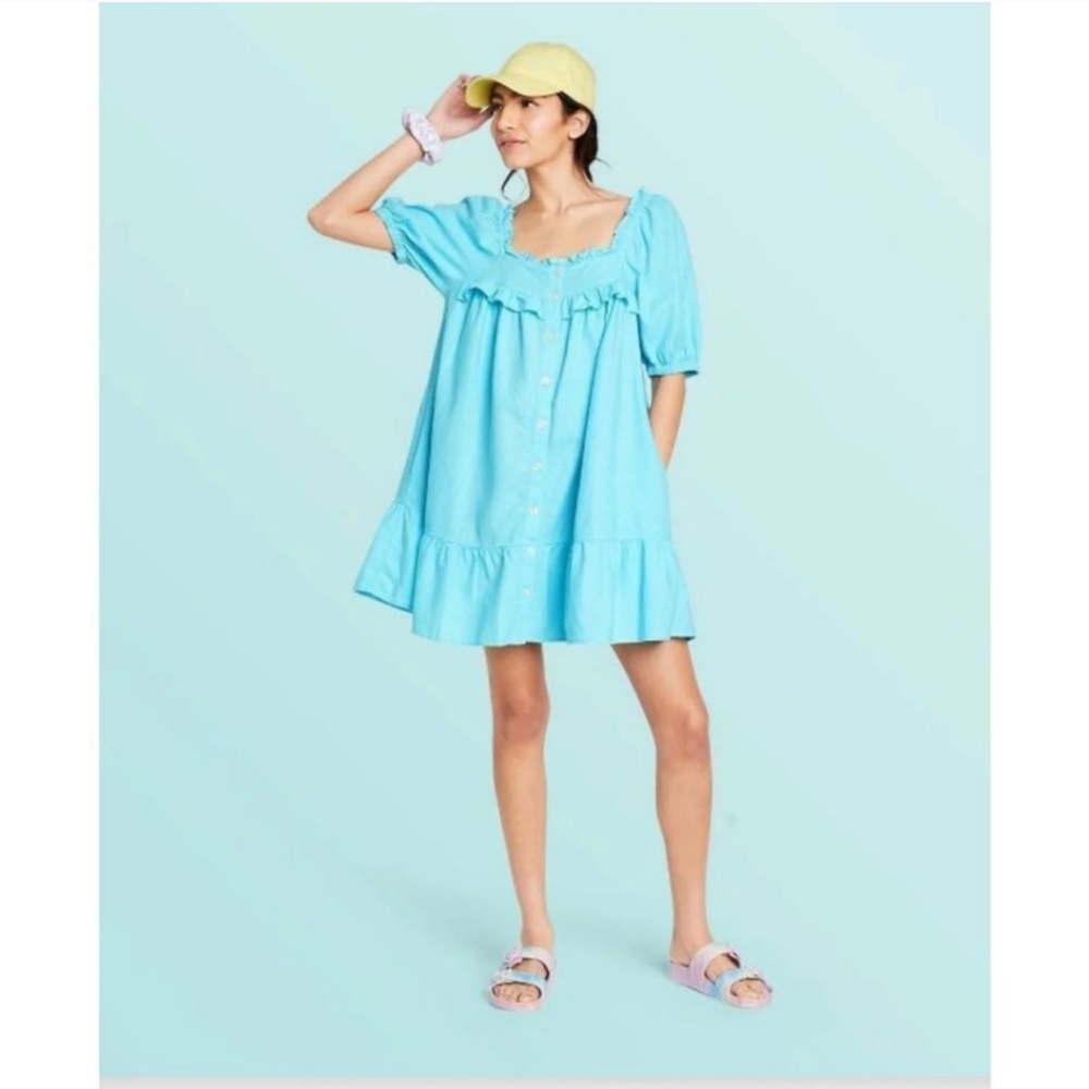 Stoney Clover Lane x Target Sky Blue Linen-Blend Puff-Sleeve Ruffle Dress